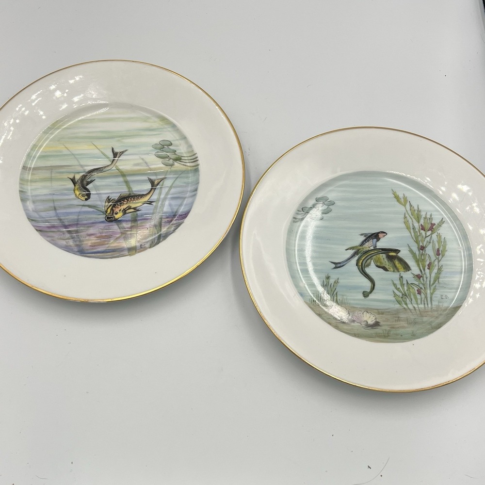 Rare 1922 Hutschenreuther Selb Bavaria Hand Painted 10" Plates‎ Fish Signed E.O.